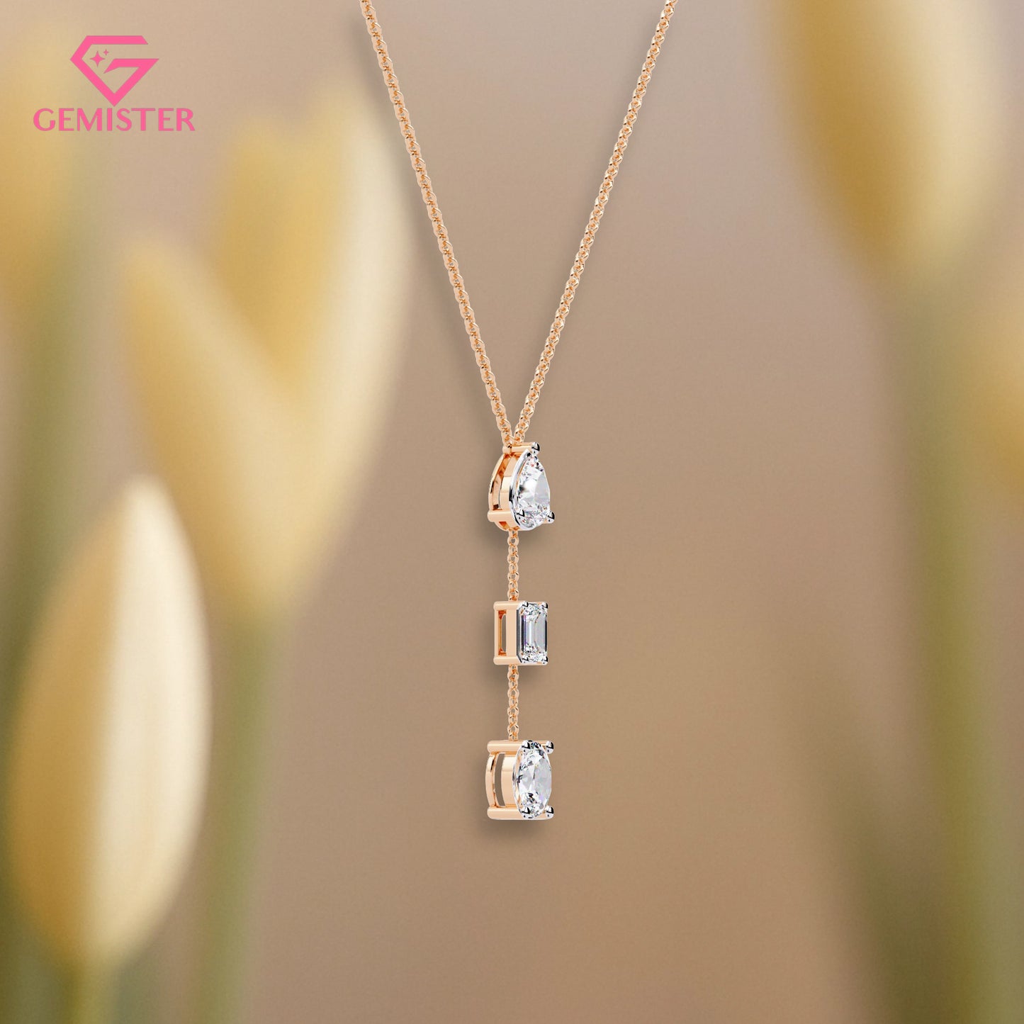 1.54 CT Three Stone Moissanite Drop Necklace – Pear, Emerald & Oval Cut Pendant