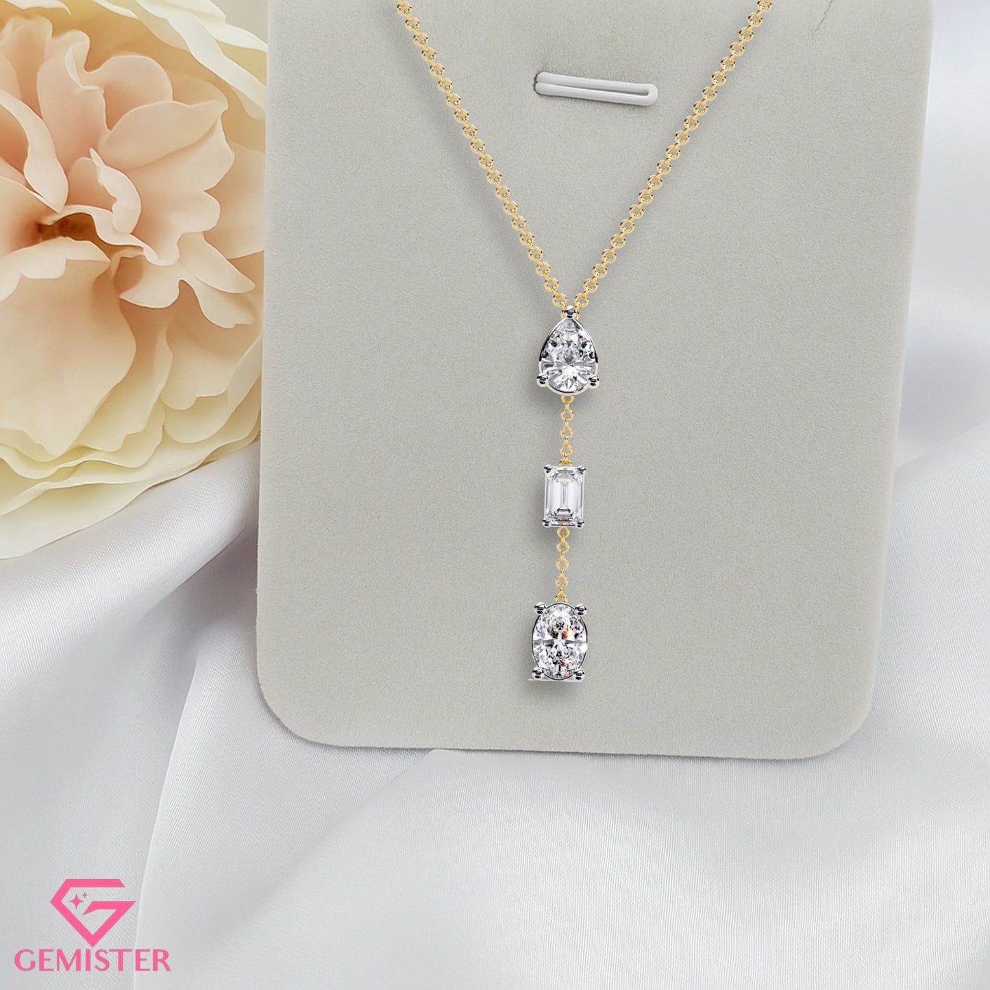 1.54 CT Three Stone Moissanite Drop Necklace – Pear, Emerald & Oval Cut Pendant