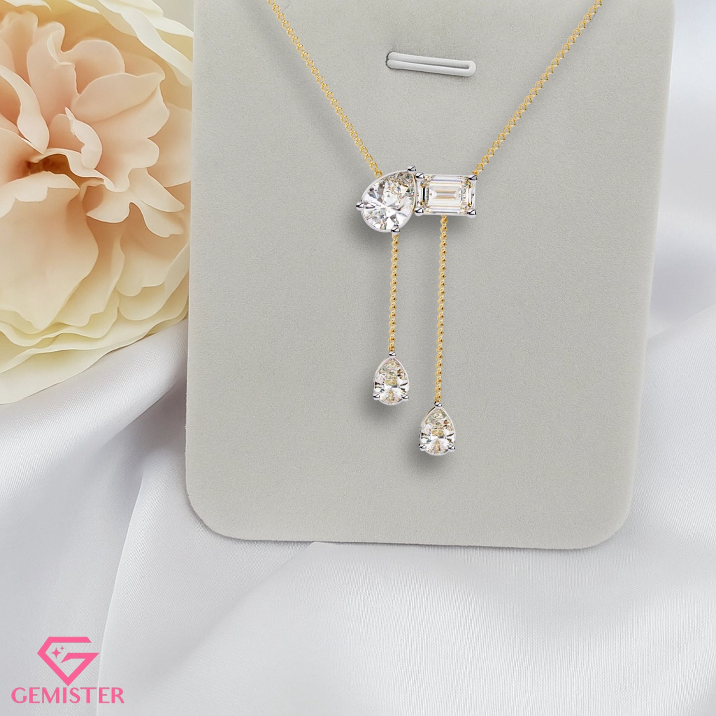 1.59 CT Pear & Emerald Cut Moissanite Drop Necklace in 14K Yellow Gold – Elegant Lariat Pendant