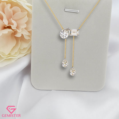 1.59 CT Pear & Emerald Cut Moissanite Drop Necklace in 14K Yellow Gold – Elegant Lariat Pendant