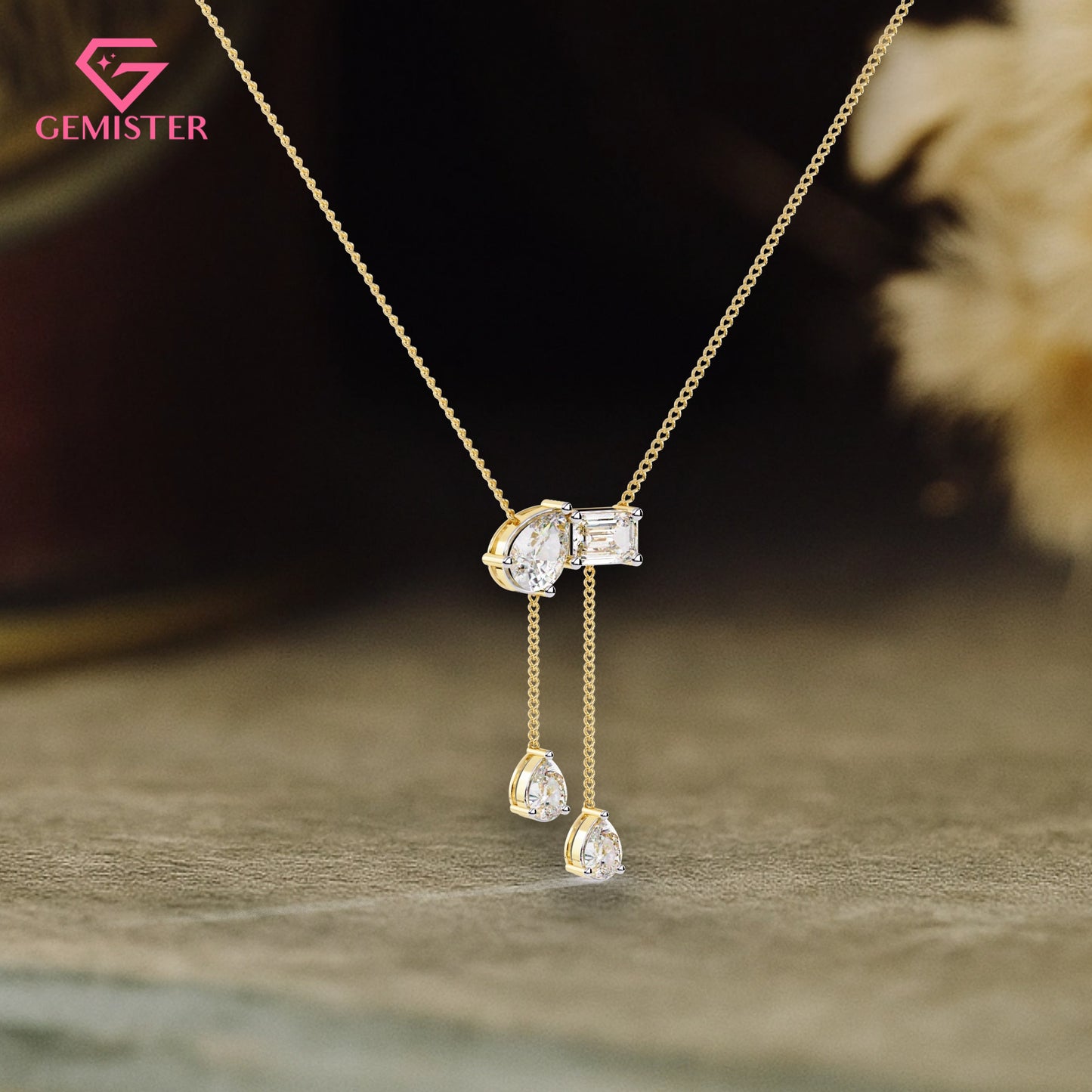 1.59 CT Pear & Emerald Cut Moissanite Drop Necklace in 14K Yellow Gold – Elegant Lariat Pendant