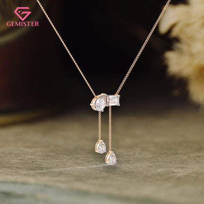 1.59 CT Pear & Emerald Cut Moissanite Drop Necklace in 14K Yellow Gold – Elegant Lariat Pendant