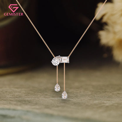 1.59 CT Pear & Emerald Cut Moissanite Drop Necklace in 14K Yellow Gold – Elegant Lariat Pendant