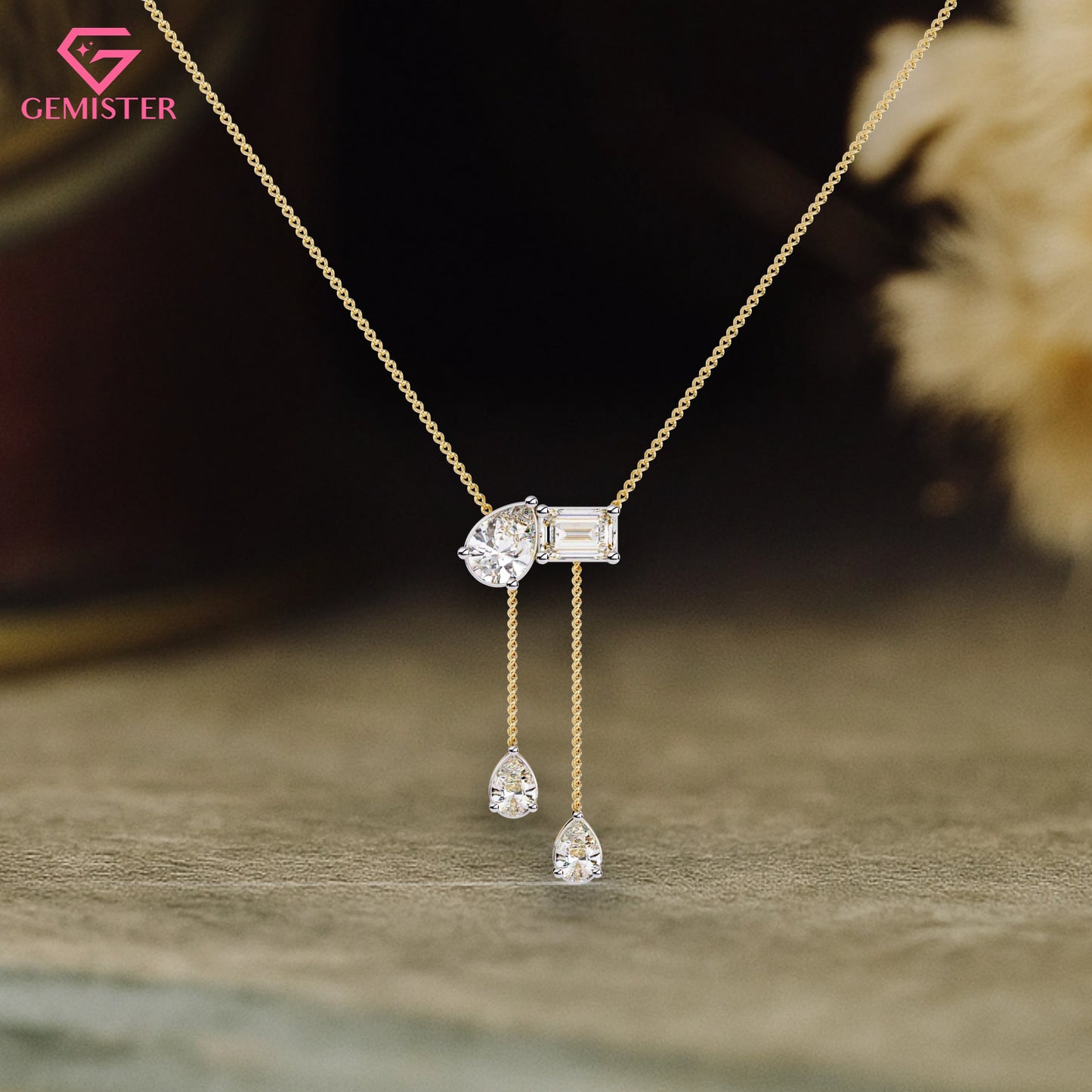 1.59 CT Pear & Emerald Cut Moissanite Drop Necklace in 14K Yellow Gold – Elegant Lariat Pendant