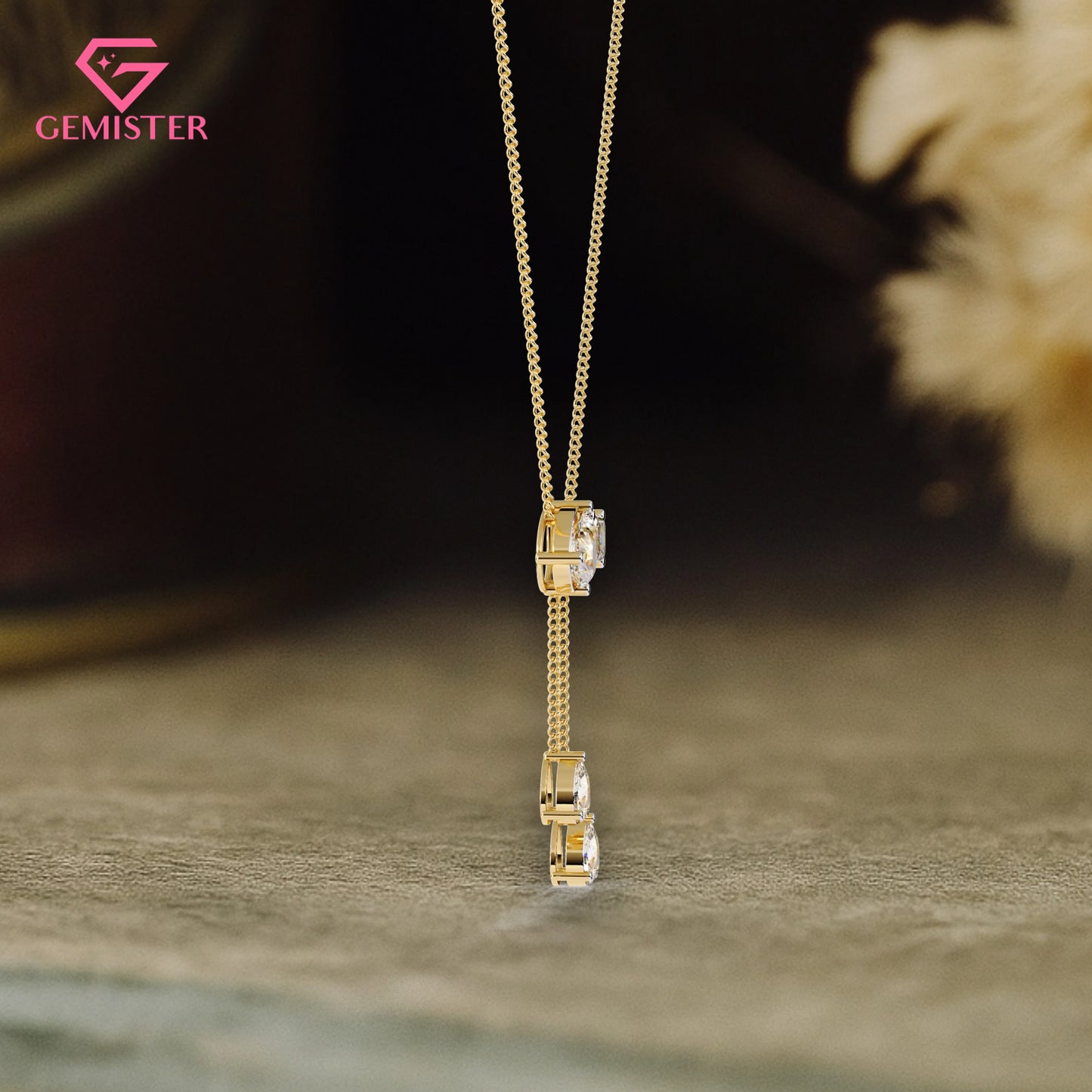 1.59 CT Pear & Emerald Cut Moissanite Drop Necklace in 14K Yellow Gold – Elegant Lariat Pendant