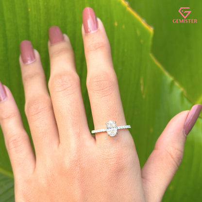Oval Cut Moissanite Solitaire Engagement Ring | Dainty Pavé Diamond Band