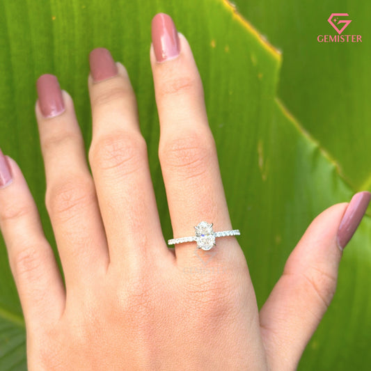 Oval Cut Moissanite Solitaire Engagement Ring | Dainty Pavé Diamond Band