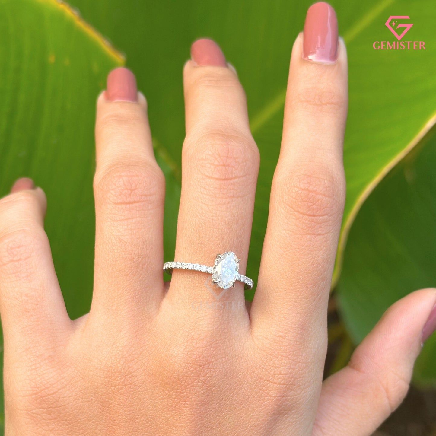 Oval Cut Moissanite Solitaire Engagement Ring | Dainty Pavé Diamond Band