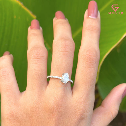 Oval Cut Moissanite Solitaire Engagement Ring | Dainty Pavé Diamond Band