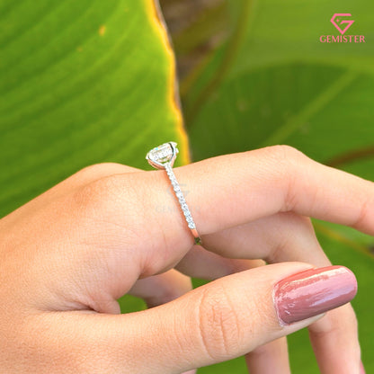 Oval Cut Moissanite Solitaire Engagement Ring | Dainty Pavé Diamond Band