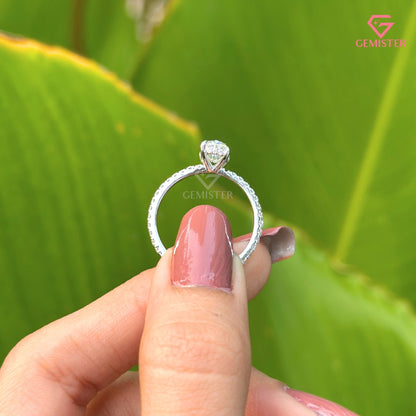 Oval Cut Moissanite Solitaire Engagement Ring | Dainty Pavé Diamond Band