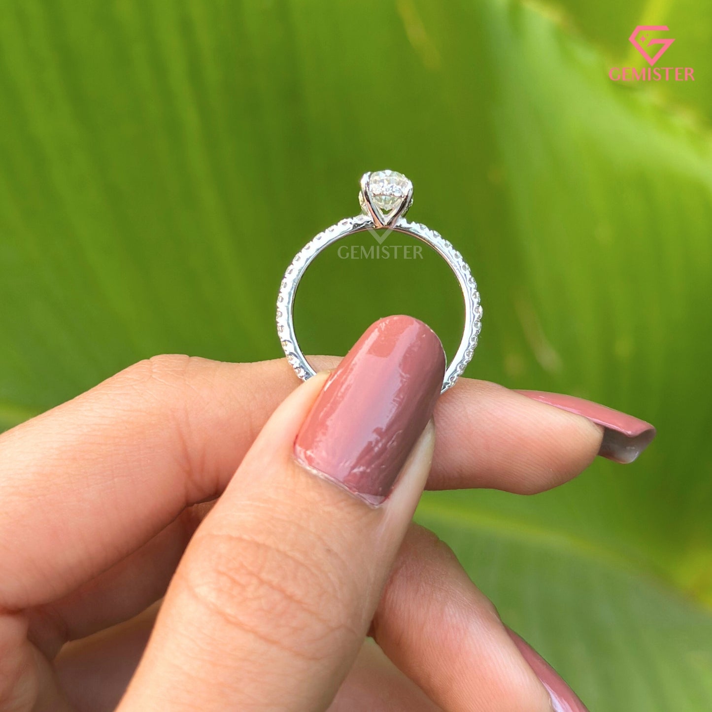 Oval Cut Moissanite Solitaire Engagement Ring | Dainty Pavé Diamond Band
