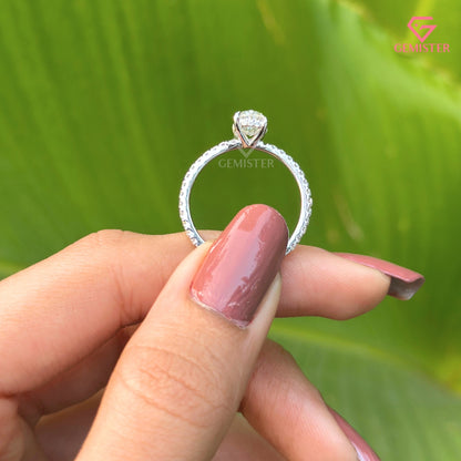 Oval Cut Moissanite Solitaire Engagement Ring | Dainty Pavé Diamond Band