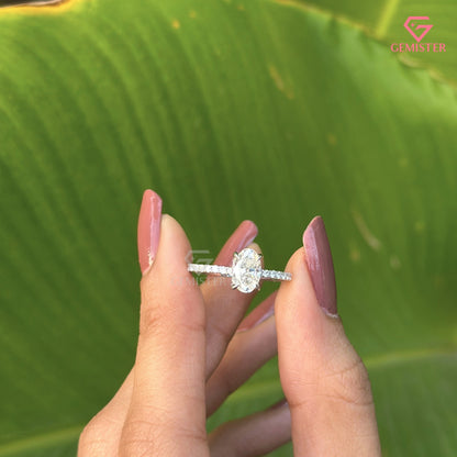 Oval Cut Moissanite Solitaire Engagement Ring | Dainty Pavé Diamond Band