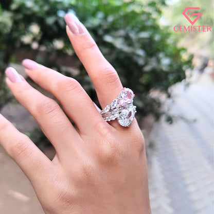 Pear Cut Pink & White Toi et Moi Ring | Marquise & Baguette Moissanite Bridal Set