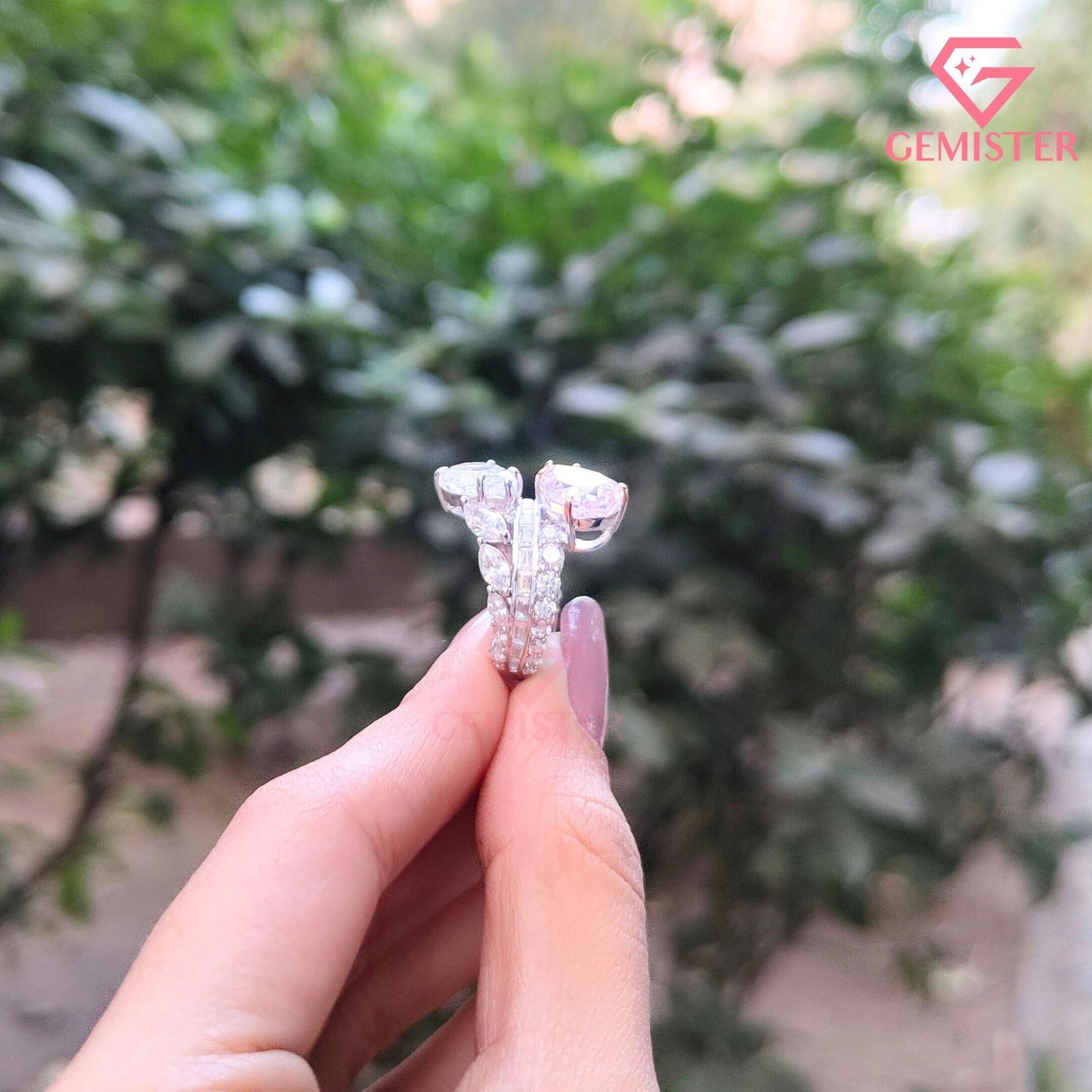 Pear Cut Pink & White Toi et Moi Ring | Marquise & Baguette Moissanite Bridal Set