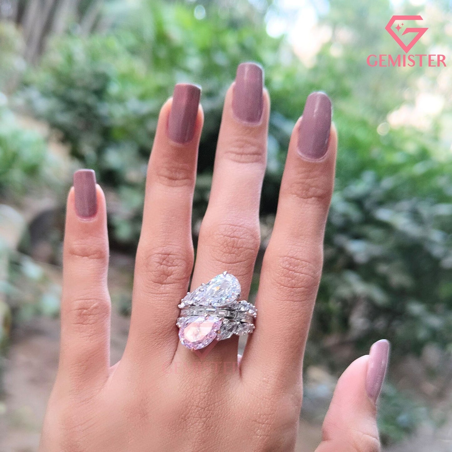 Pear Cut Pink & White Toi et Moi Ring | Marquise & Baguette Moissanite Bridal Set