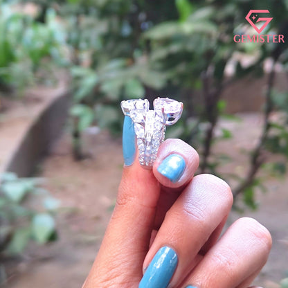 Pear Cut Pink & White Toi et Moi Ring | Marquise & Baguette Moissanite Bridal Set