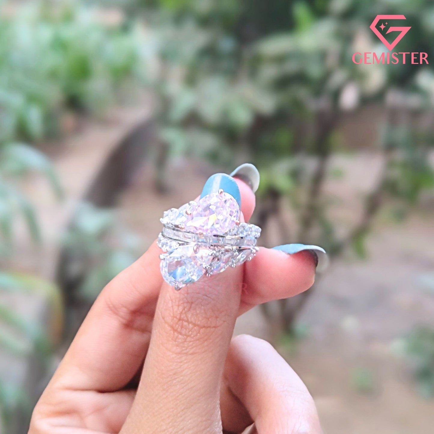 Pear Cut Pink & White Toi et Moi Ring | Marquise & Baguette Moissanite Bridal Set