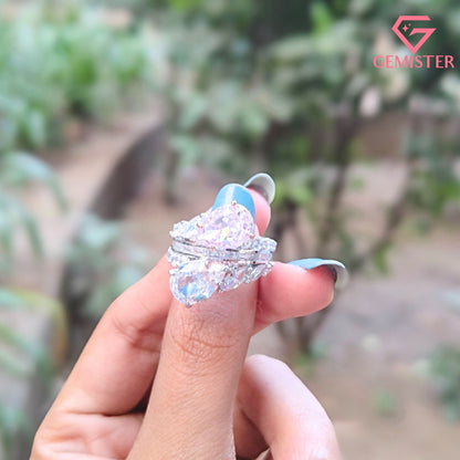 Pear Cut Pink & White Toi et Moi Ring | Marquise & Baguette Moissanite Bridal Set