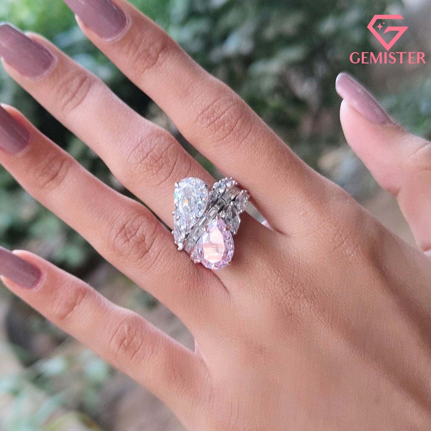 Pear Cut Pink & White Toi et Moi Ring | Marquise & Baguette Moissanite Bridal Set