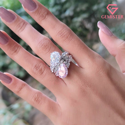 Pear Cut Pink & White Toi et Moi Ring | Marquise & Baguette Moissanite Bridal Set