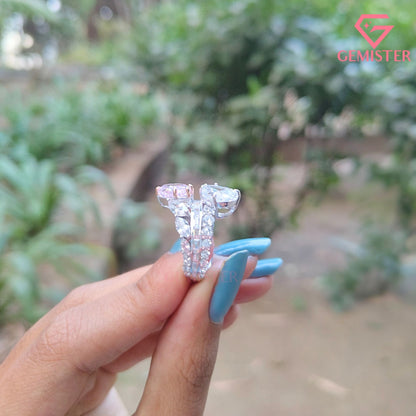 Pear Cut Pink & White Toi et Moi Ring | Marquise & Baguette Moissanite Bridal Set