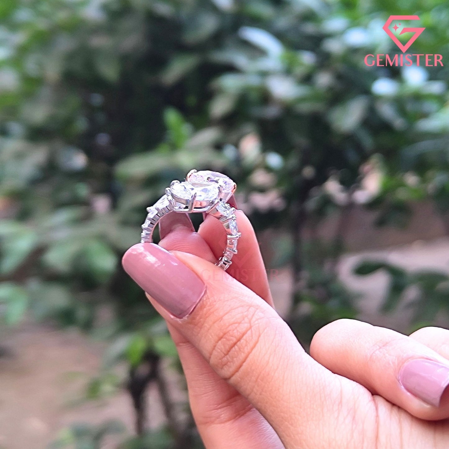 Pear Cut Pink & White Toi et Moi Ring | Marquise & Baguette Moissanite Bridal Set