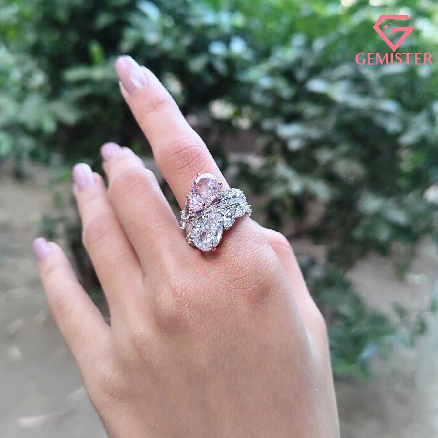 Pear Cut Pink & White Toi et Moi Ring | Marquise & Baguette Moissanite Bridal Set