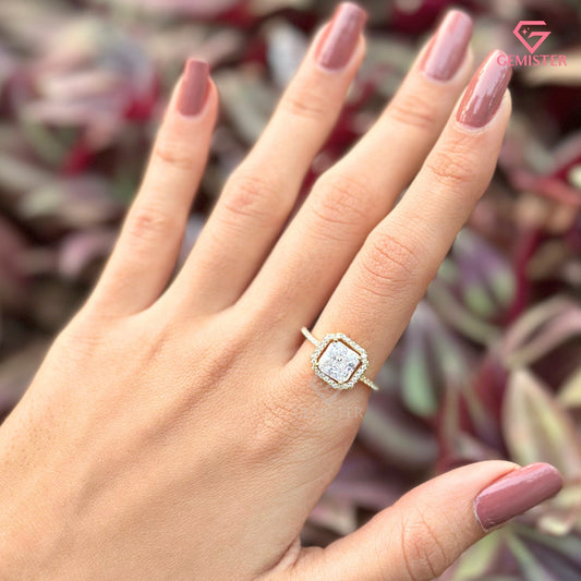 Princess Cut Halo Engagement Ring | Delicate Pavé Moissanite Band