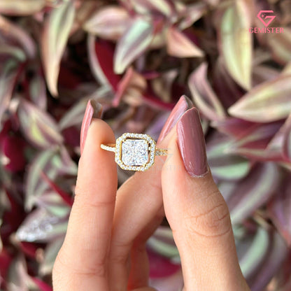 Princess Cut Halo Engagement Ring | Delicate Pavé Moissanite Band