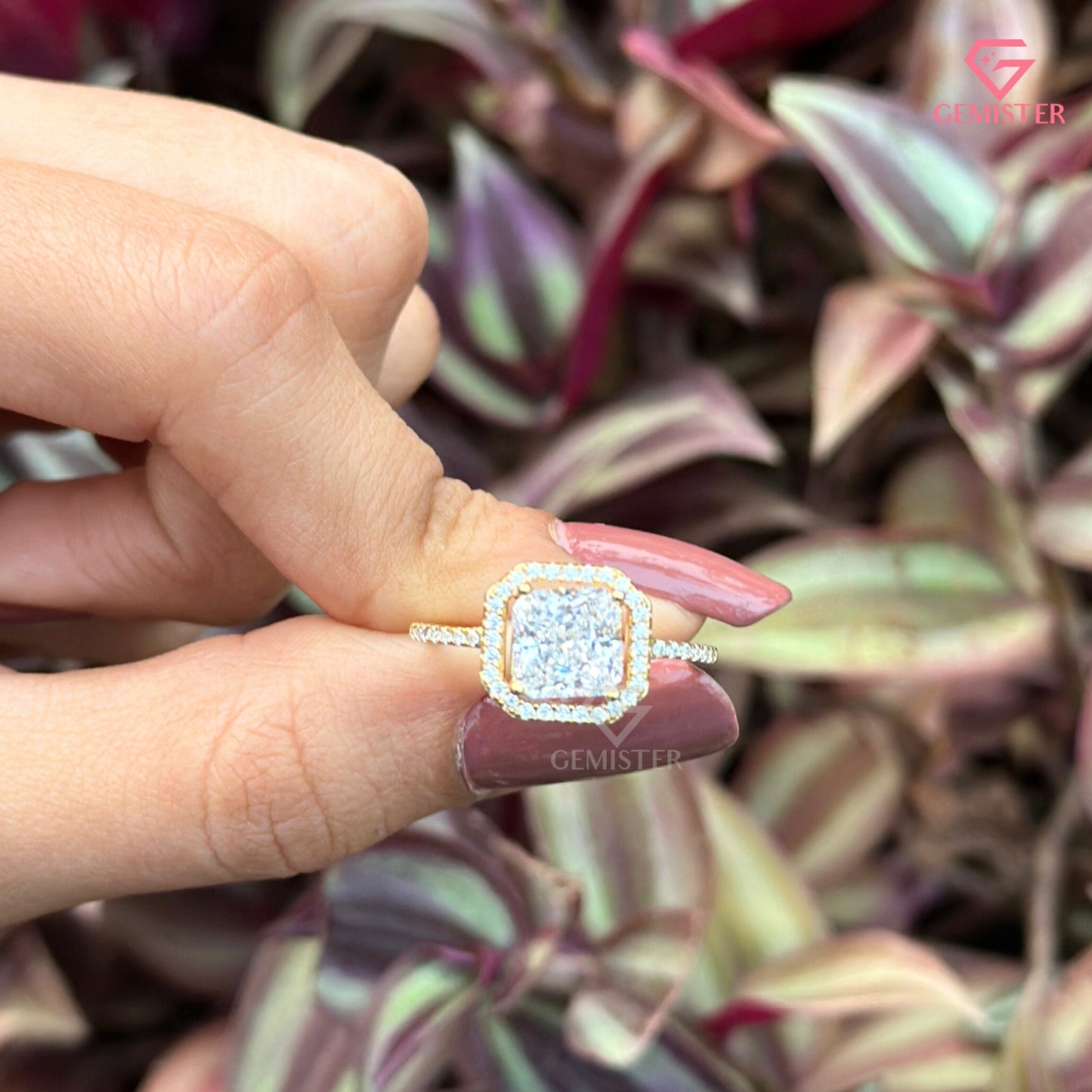 Princess Cut Halo Engagement Ring | Delicate Pavé Moissanite Band