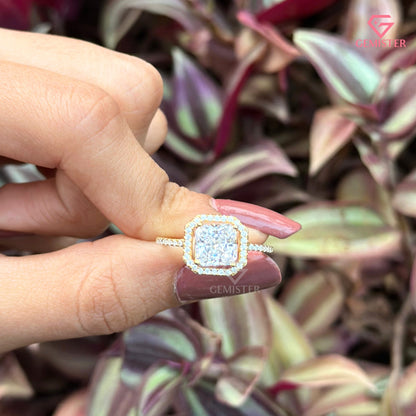 Princess Cut Halo Engagement Ring | Delicate Pavé Moissanite Band