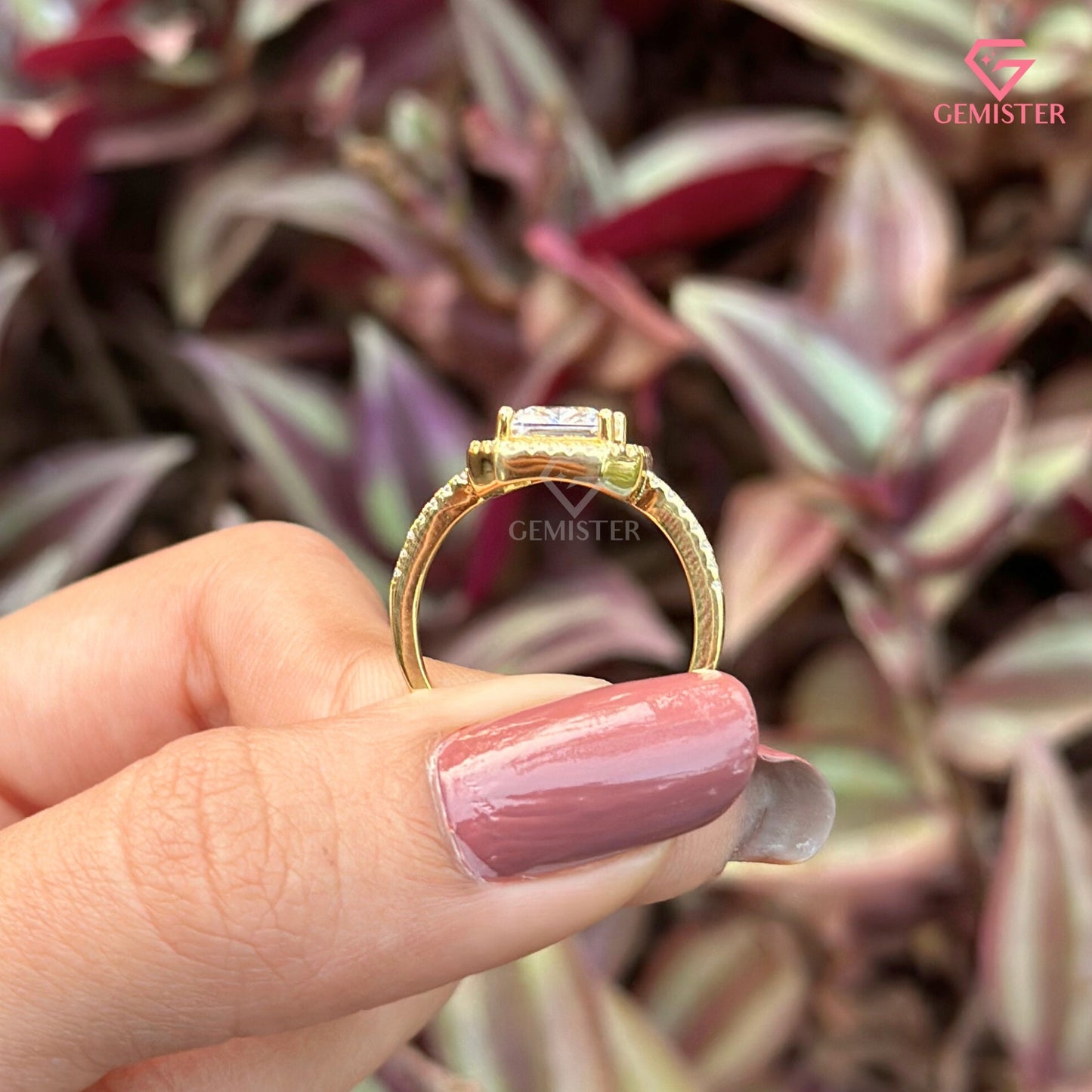 Princess Cut Halo Engagement Ring | Delicate Pavé Moissanite Band