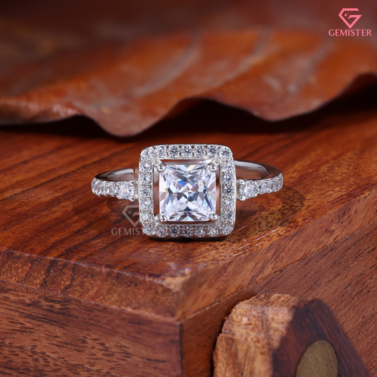 Princess Cut Moissanite Floating Square Halo Ring in 14K Gold