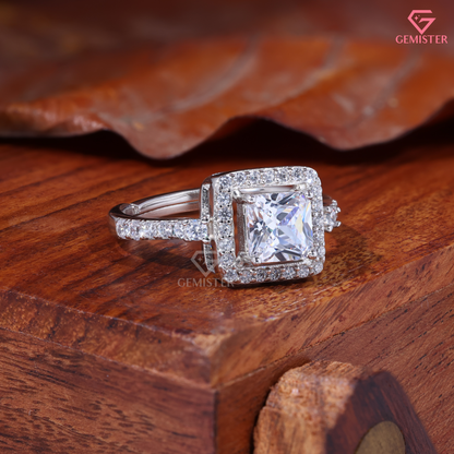 Princess Cut Moissanite Floating Square Halo Ring in 14K Gold