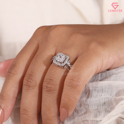 Princess Cut Moissanite Floating Square Halo Ring in 14K Gold