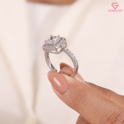 Princess Cut Moissanite Floating Square Halo Ring in 14K Gold