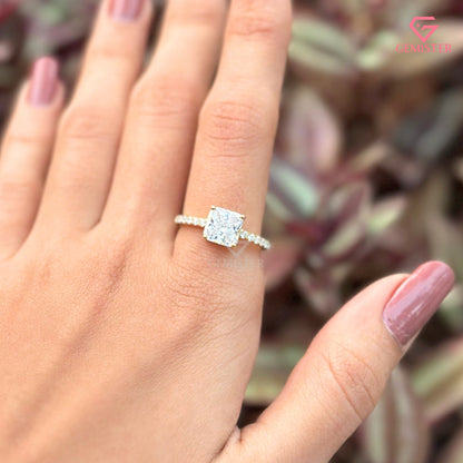 Princess Cut Solitaire Engagement Ring | Pavé Diamond Hidden Halo Band
