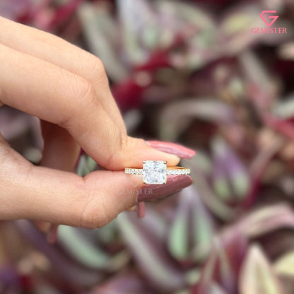 Princess Cut Solitaire Engagement Ring | Pavé Diamond Hidden Halo Band