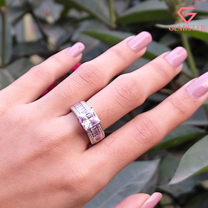 Princess Cut Pink Diamond Ring | Baguette & Pavé Statement Band