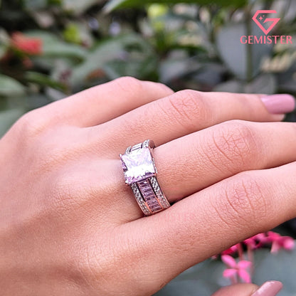 Princess Cut Pink Diamond Ring | Baguette & Pavé Statement Band