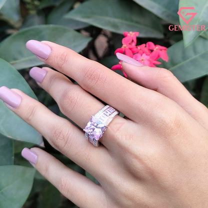 Princess Cut Pink Diamond Ring | Baguette & Pavé Statement Band