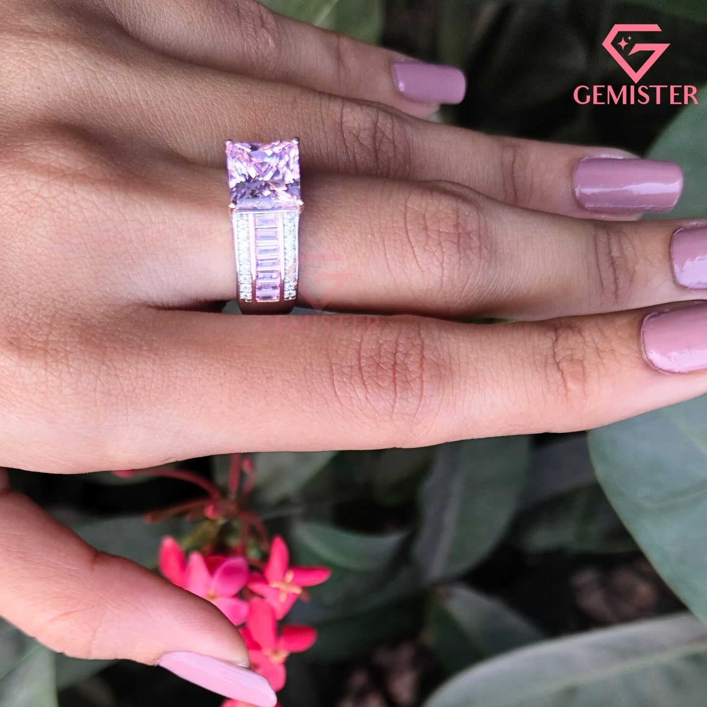 Princess Cut Pink Diamond Ring | Baguette & Pavé Statement Band