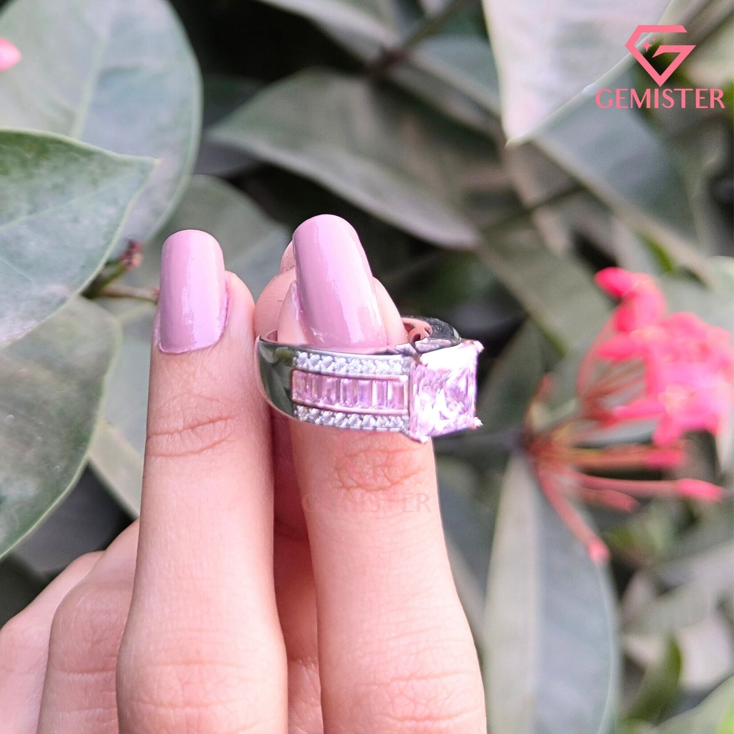 Princess Cut Pink Diamond Ring | Baguette & Pavé Statement Band