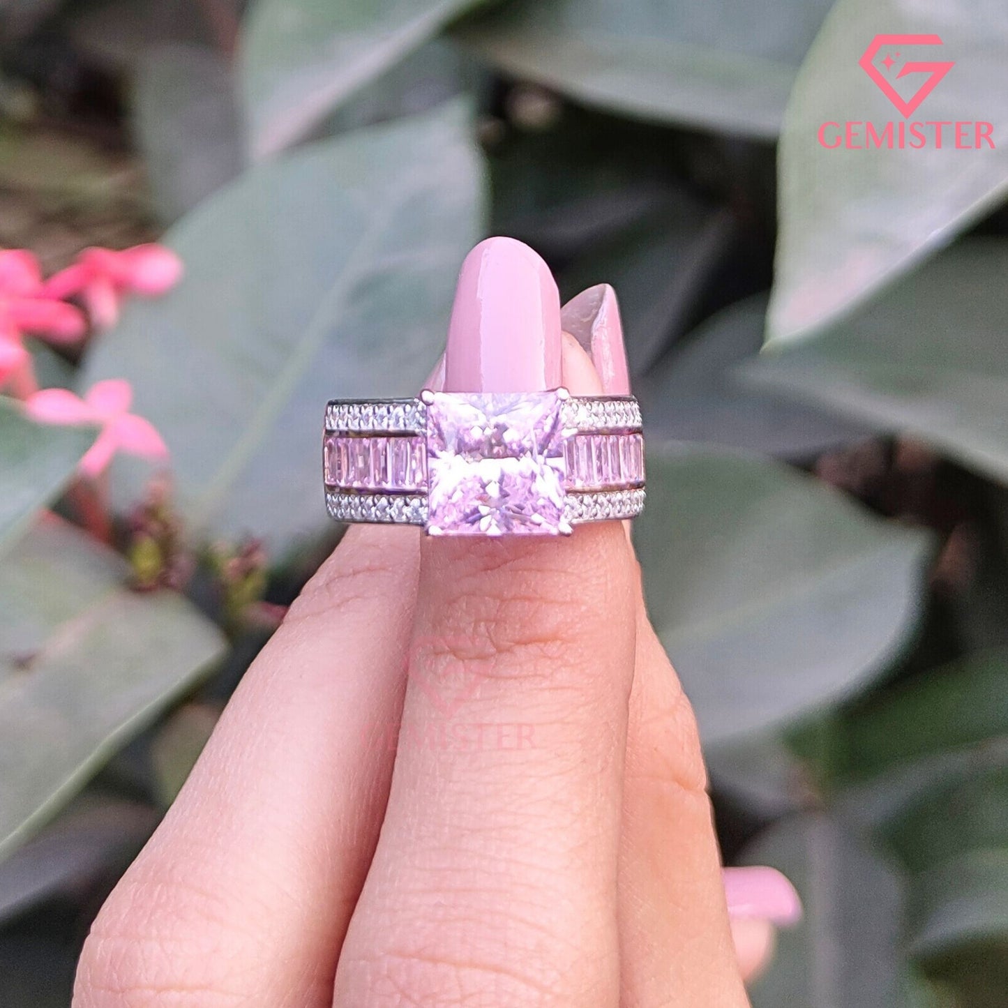 Princess Cut Pink Diamond Ring | Baguette & Pavé Statement Band