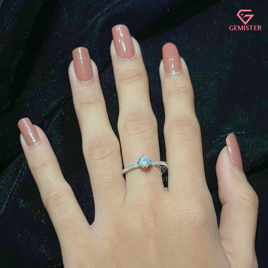 Dainty Round Cut Solitaire Ring | Slim Pavé Diamond Band 14K White Gold Engagement Ring