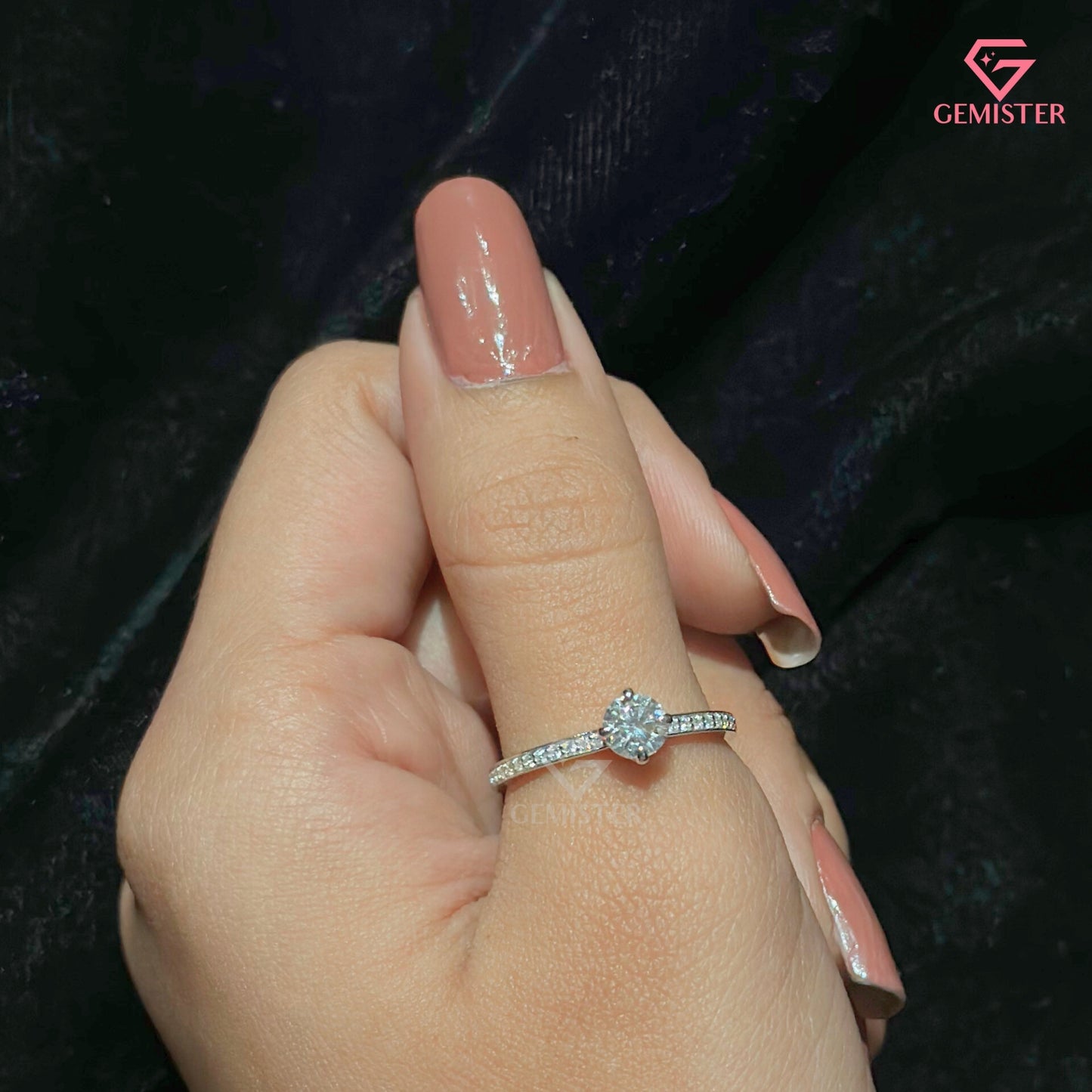Dainty Round Cut Solitaire Ring | Slim Pavé Diamond Band 14K White Gold Engagement Ring
