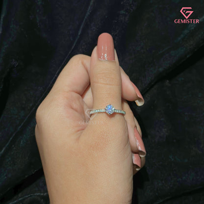 Dainty Round Cut Solitaire Ring | Slim Pavé Diamond Band 14K White Gold Engagement Ring