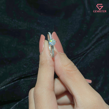 Dainty Round Cut Solitaire Ring | Slim Pavé Diamond Band 14K White Gold Engagement Ring